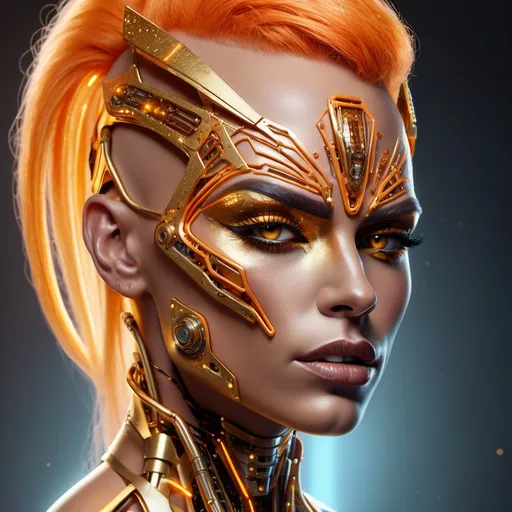 Prompt: A hyper-realistic portrait of a futuristic muscular cybernetic drag queen (with masculine strong jawline) whose face is symmetrically divided into a glowing, biomechanical side and a human, expressive side. The cybernetic side is composed of intricate gold and orange circuitry with shards and glowing fragments, while the human side features soft skin with subtle highlights reflecting blue ambient light. The black background is a soft blur of a few neon orange and blue-green lights, creating a cinematic high-tech atmosphere. The composition emphasises her piercing green eyes and the detailed textures of skin and metal. The lighting is a dynamic mix of warm and cool tones, adding depth and drama to the scene. The mood is mysterious and ethereal, evoking both humanity and technological transcendence. Highly detailed, photorealistic rendering with an emphasis on depth of field and reflective surfaces.