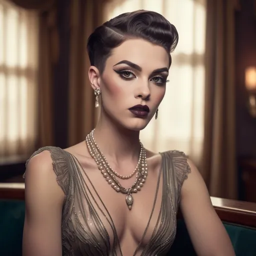 Prompt: photorealistic, (old Hollywood 1920s style), (a Gorgeous muscular 21-year-old British drag queen (extremely strong masculine jawline and brow features)), elegant attire, dark eye makeup, dark lipstick, full length body, soft lighting capturing a nostalgic atmosphere, muted pastel colors, timeless beauty, luxurious and refined setting, classic film vibe, vintage glamour, intricately detailed background elements, opulent decor, art deco influences, airy ambiance, warm tones, HD, ultra-detailed, cinematic quality.
