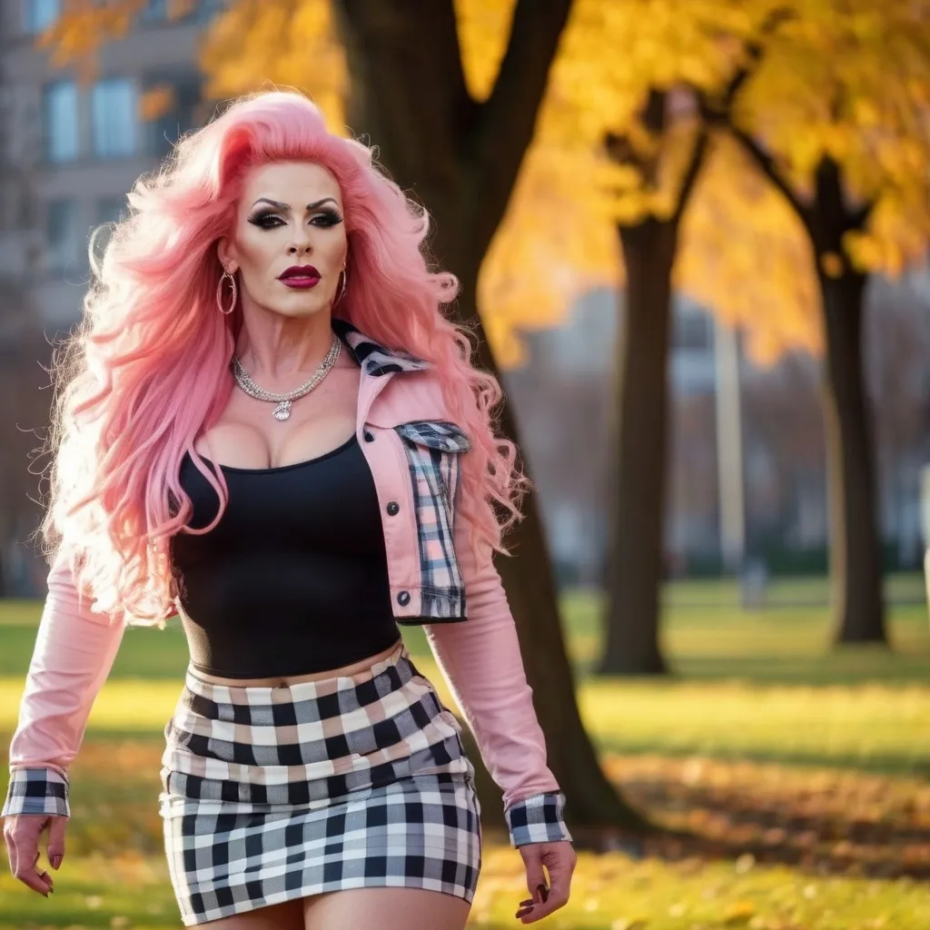 Prompt: Tall gorgeous muscular 25-year-old Finnish drag queen bodybuilder with big busom and extremely long wavy pink hair ((((blowing in the wind)))), cute crop top with jacket and trendy checked very skimpy skirt, 8 inch stiletto high heel shoes, walking through the park at sunrise. Composition focus on long legs.