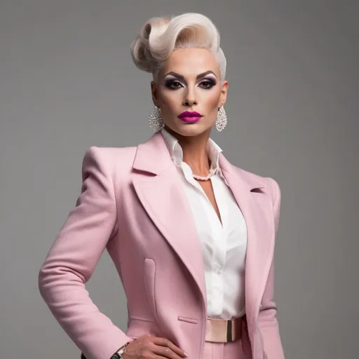 Prompt: Here's a prompt:

"Generate an image of a stylish and confident 35-year-old Hungarian drag queen bodybuilder wearing a stylish pink and white ensemble. Face has strong masculine jawline and brow. Dark eyeshadow  and dark lipstick. Large busom. Short updo hairstyle. 

Outfit:

- Trousers: White, slim-fit, and elegantly tailored
- Coat: Pastel pink, fitted, and knee-length with a subtle sheen
- Top: Soft white or light pink blouse with delicate details (optional)
- Shoes: White or metallic stiletto heels
- Accessories: Minimalist jewelry, such as a simple watch and elegant earrings

Pose:

- Stand with confidence, with one hand in the coat pocket
- Slightly angle the body, showcasing the outfit's silhouette
- Gaze directly at the camera with a subtle smile

Background:

- Soft, neutral-colored setting (e.g., light gray, beige, or white)
- Minimalistic environment to emphasize the outfit

Style:

- Modern, sophisticated, and effortlessly chic
- Emphasize the harmony of pink and white hues
- Capture the individual's poise and confidence

Generate a high-quality image showcasing the perfect blend of style, elegance, and modern flair."