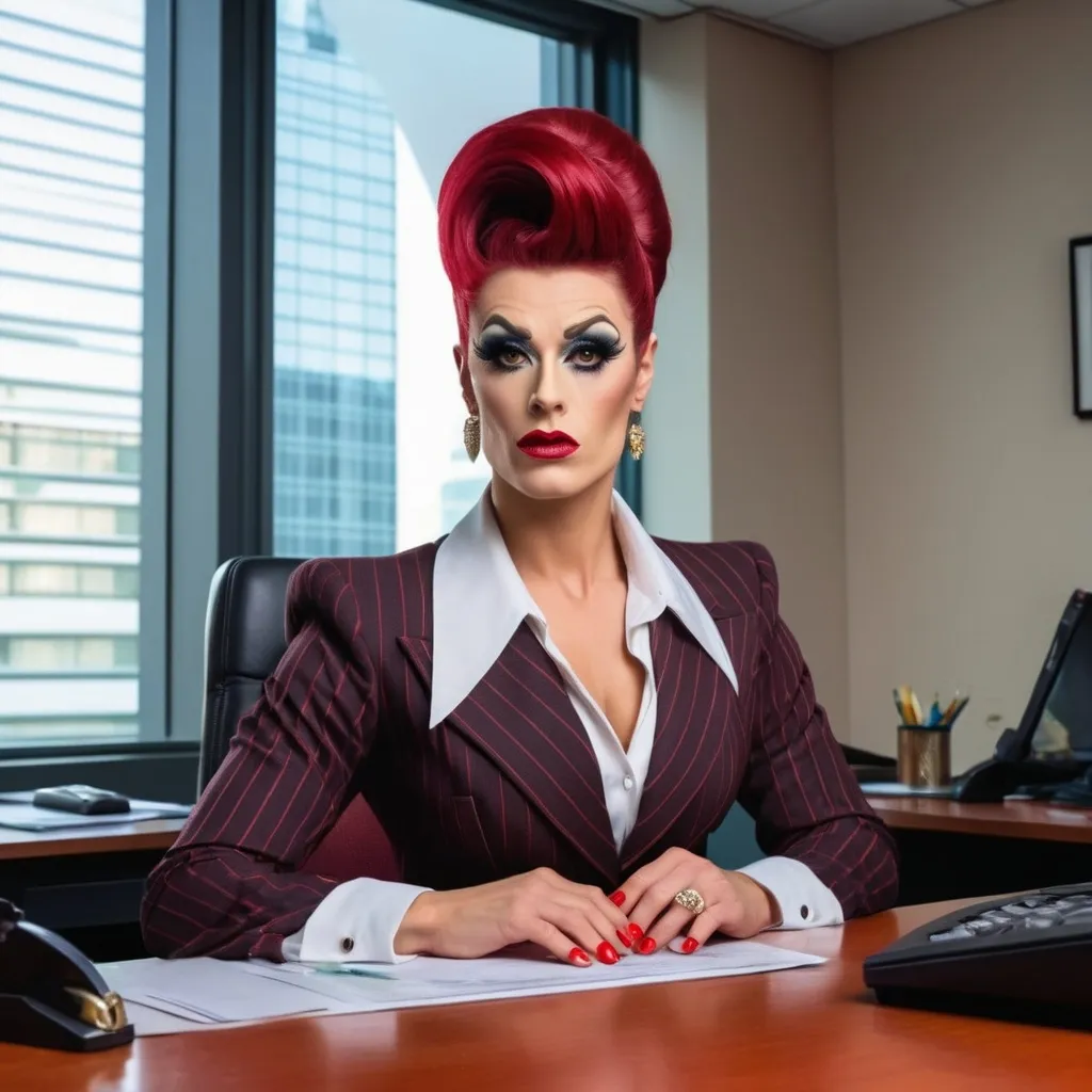 Prompt: A handsome man dressed as a Gorgeous muscular 25-year-old drag queen dressed as a secretary, pinstripe business outfit, long very dark red tight updo hair sitting at her desk in a office building