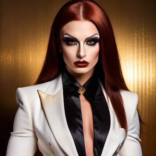 Prompt: Gorgeous ultra-muscular 25-year-old Polish drag queen bodybuilder with very long straight shiny dark red hair and heavy makeup wearing a YSL suit, (fashion masterpiece) sleek design, luxurious black fabric, (high-fashion aesthetic), elegant silhouette, dramatic pose on a stylish model, vibrant background with an opulent atmosphere, golden accents, illuminated with soft, warm lighting, captivating ambiance, ultra-detailed, high-quality, visually striking composition.