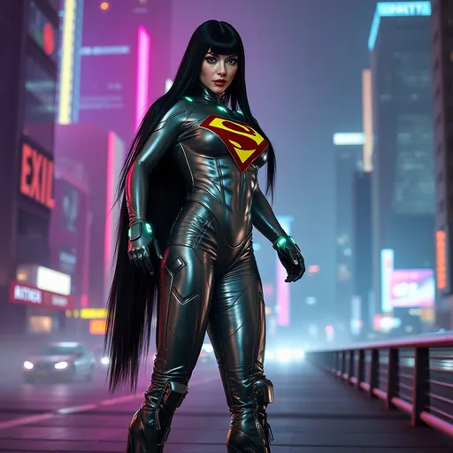 Prompt: Gorgeous ultra-muscular 25-year-old Danish drag queen bodybuilder dressed as Super Man Cyberpunk with long straight shiny black hair, superman suit, and 8 inch stiletto high heel boots, futuristic city skyline, neon lights, vibrant colors, sleek metallic suit, glowing accents, intense expression, night setting, dynamic pose, urban environment, cybernetic enhancements, cinematic depth, high tech gadgets, atmospheric fog, gritty details, ultra-detailed, 4K.