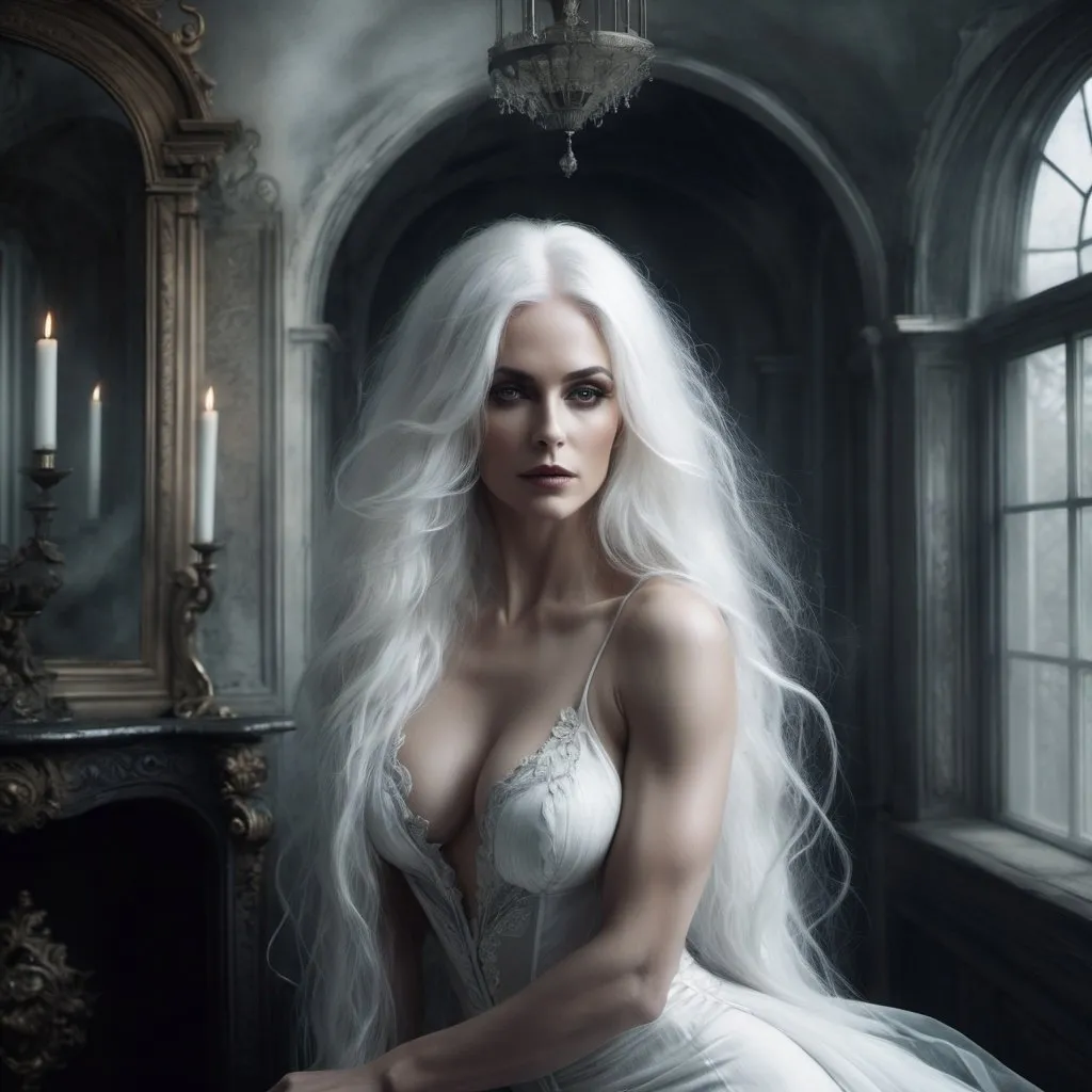 Prompt: Single image: A gorgeous dreamy ghostly mature ultra-muscular 45-year-old goddess bodybuilder with huge busom, and ridiculously long flowing ghostly white hair remains alone and eternally sad in her haunted Victorian Old mansion waiting for her long lost love to return art by Daria Endresen, John Reuss, Lin Fengmian, Robert Ryman, Elger Esser, Rimel Neffati. 3d, watercolors and ink, beautiful, fantastic view, extremely detailed, intricate, best quality, highest definition, zoomed in, hyper-muscular, muscles