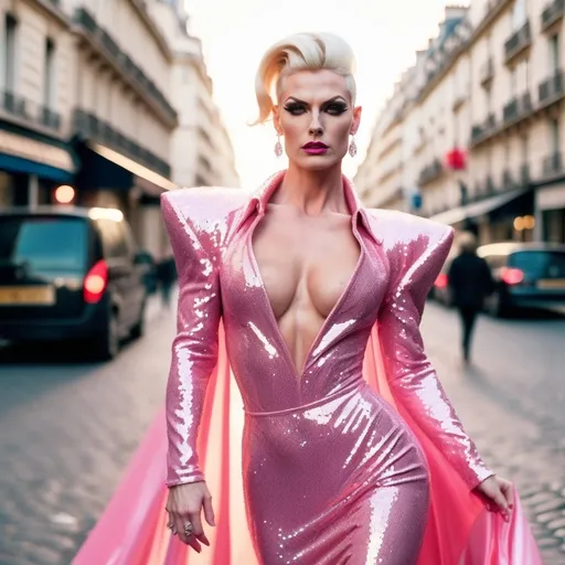 Prompt: Create a digital photograph of a beautiful stylish French drag queen bodybuilder (((with strong masculine jawline and brow))), long platinum blonde updo hair, wearing a very classy yet flamboyant Versace pink sequined gown with 8 inch stiletto heels. She is walking contently on the streets of Paris at sunset.