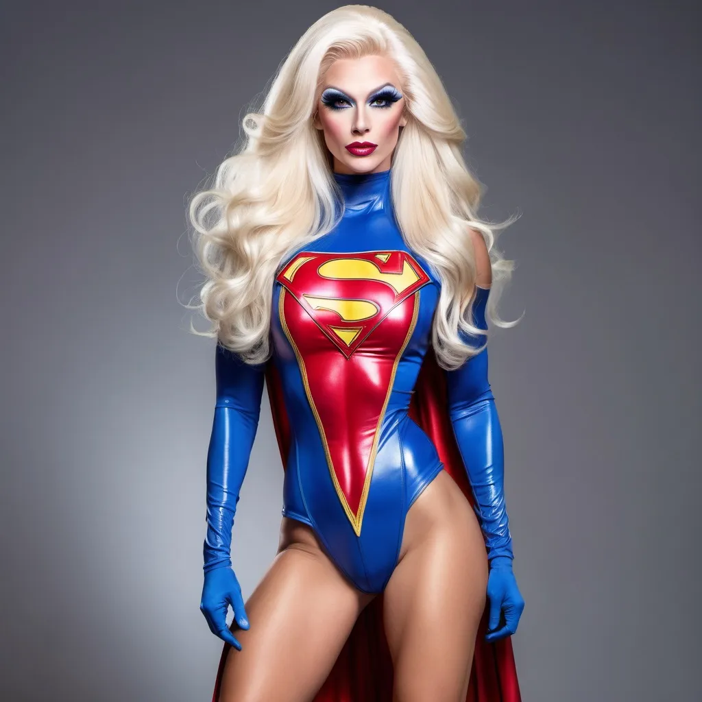 Prompt: Gorgeous Drag queen bodybuilder supergirl platinum blonde very long hair 8 inch stiletto high heel thigh-high boots 