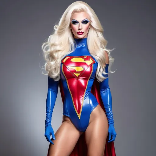 Prompt: Gorgeous Drag queen bodybuilder supergirl platinum blonde very long hair 8 inch stiletto high heel thigh-high boots 