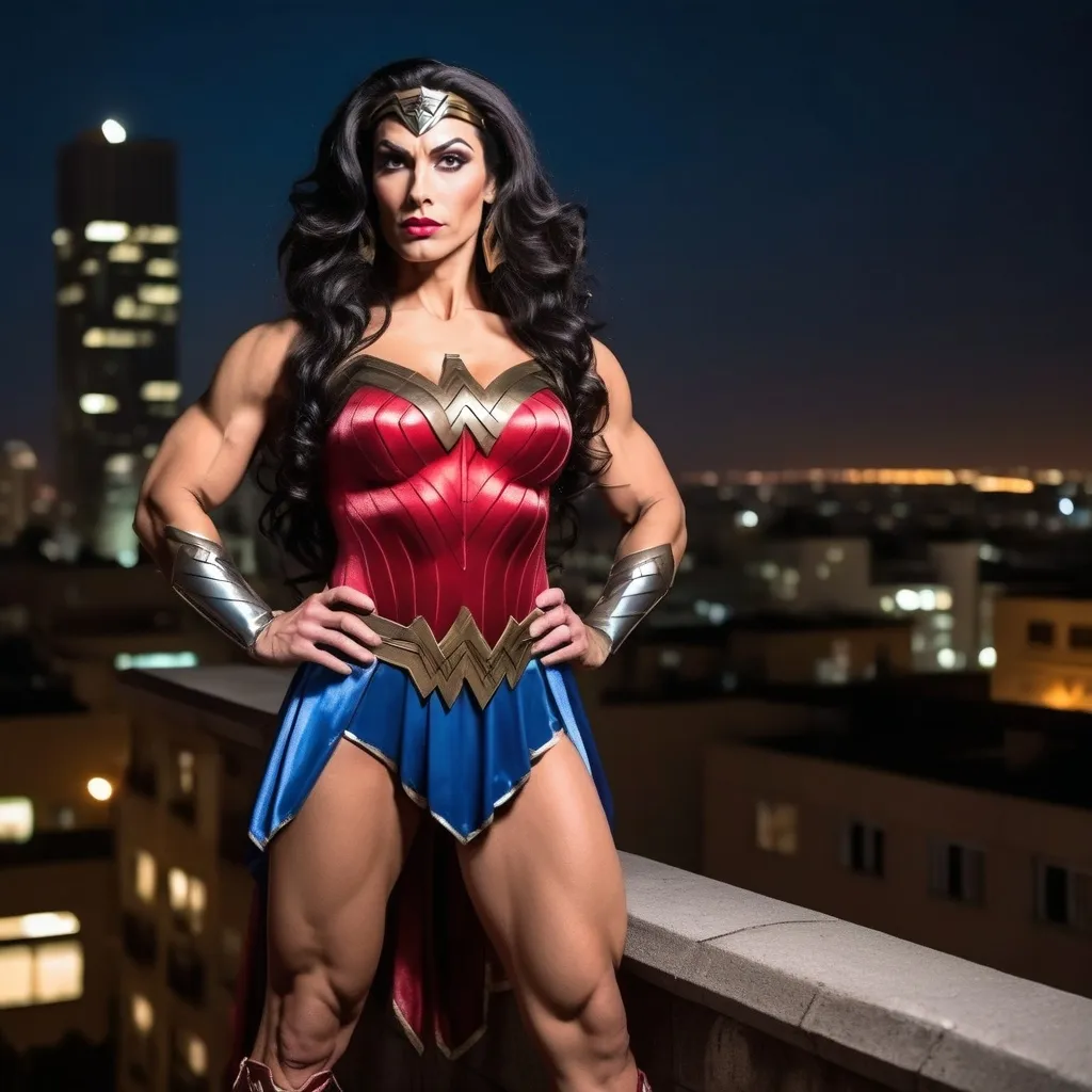 Prompt: Gorgeous muscular 35-year-old Israeli drag queen bodybuilder (strong masculine jawline and brow facial features) with large busom and ridiculously long wavy black hair, dressed as Wonder Woman (DC Comics Character), standing on the ledge of a building at night.