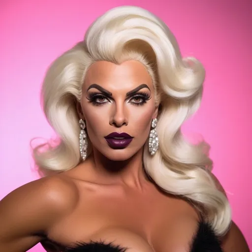 Prompt: Striking a bold pose against a stark white background, the Gorgeous, very muscular, suntanned, 30-year-old, suntanned, French drag queen (with strong masculine facial features, dark lipstick, huge busom, blonde hair) exudes confidence as she in dressed up as Jayne Mansfield posing at a Hollywood event.