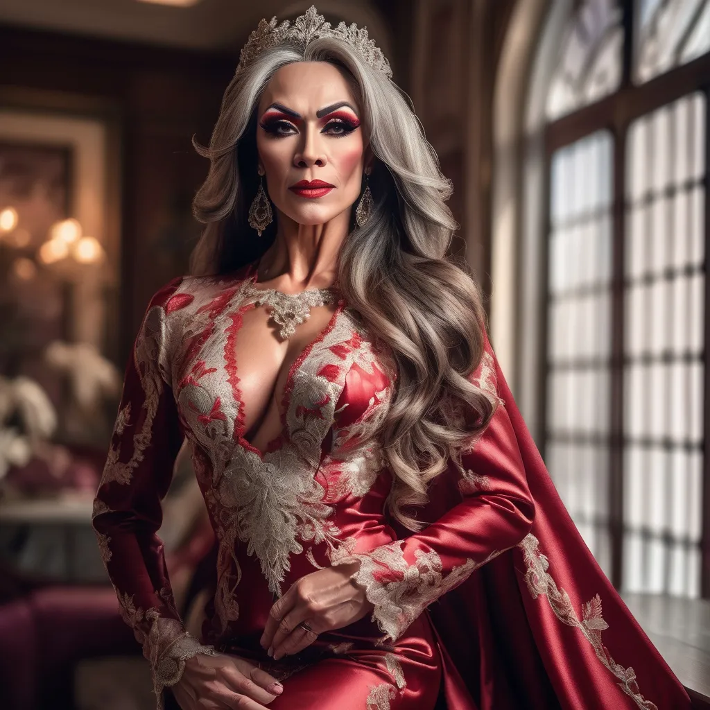 Prompt: A gorgeous muscular 45-year-old Bulgarian drag queen (strong masculine jawline and brow features) with long luscious graying hair wearing (breathtaking red oriental dress), (exquisite bride), radiant beauty, exquisite lace and satin details, flowing train adorned with delicate embroidery, beautiful soft natural lighting, romantic ambiance, lush blossom background, high-resolution, ultra-detailed, elegant and dreamy atmosphere, showcasing the perfect harmony of love and elegance, whimsical setting filled with soft pastel colors.