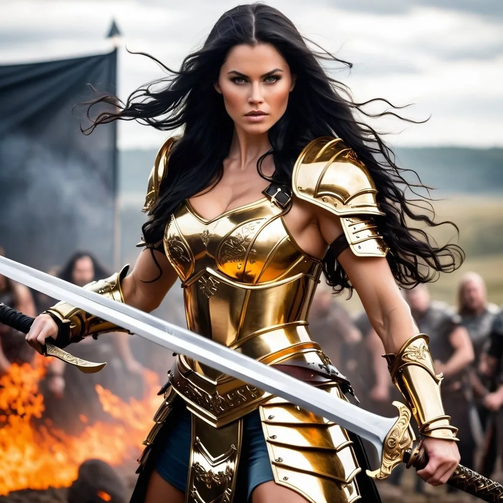 Prompt: Gorgeous ultra-muscular 25-year-old Swedish goddess with huge busom and ridiculously long wavy black hair, dressed as a warrior princess in complete shimmering golden steel armor and a gleeming golden longsword in the midst of a bloody and fiery battle.