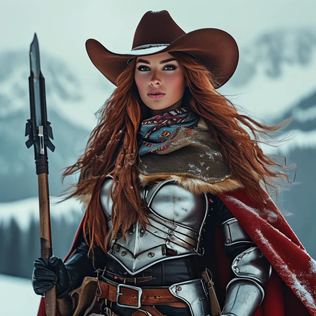 Prompt: A hi-res 8k hd digital photograph of a proud gorgeous rugged cowgirl with huge busom in winter snowy mountains. She is wearing a dark red cloak lined with fur and a scarf over metal armor. She has ridiculously long wavy dark red hair and a brown cowboy hat. She is holding a halberd. It is snowing and windy. She is smiling. Cowboy hat.