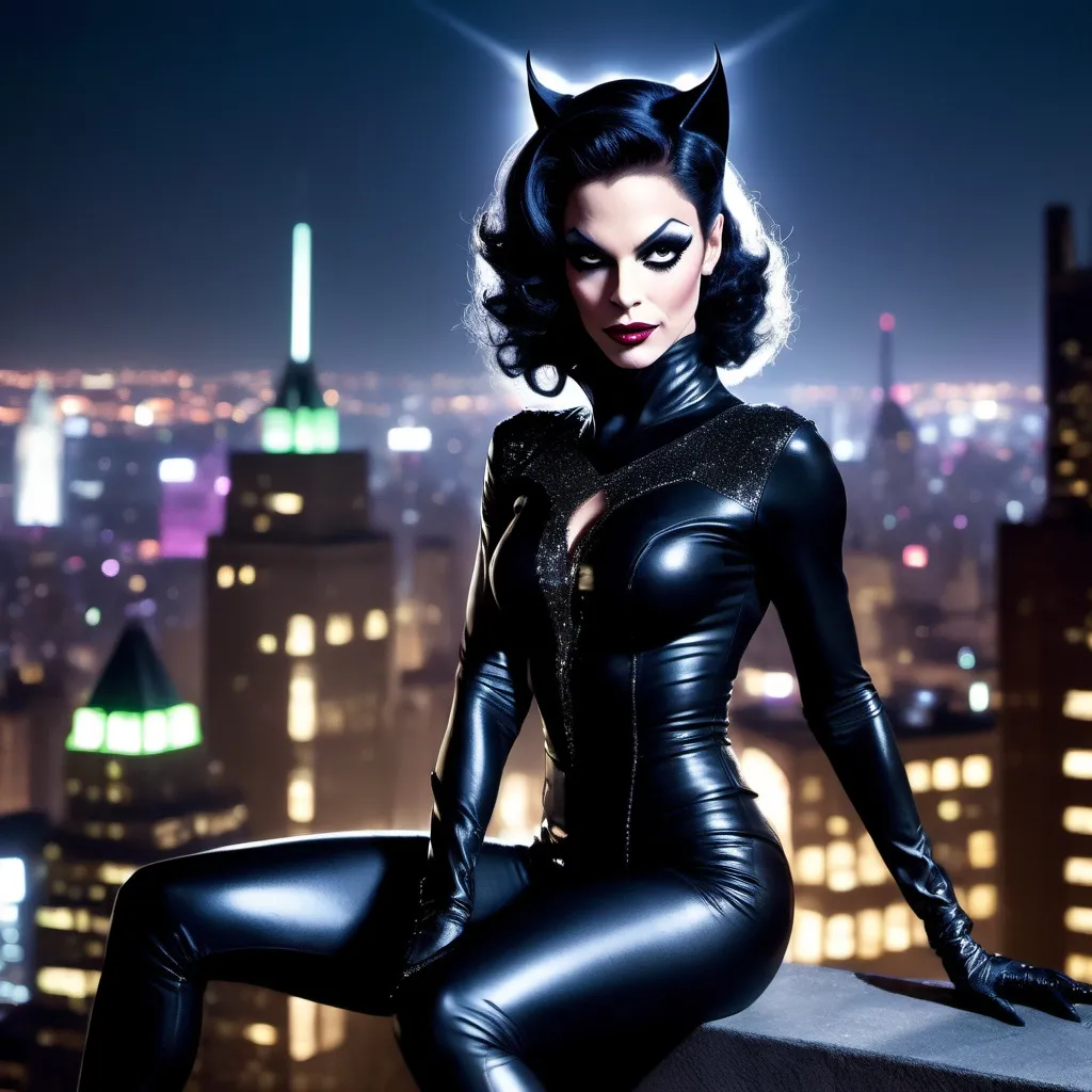 Prompt: Prince dressed as a 25-year-old gorgeous drag queen Catwoman posing on the ledge of a building, high above Gotham.