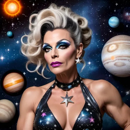 Prompt: Gorgeous muscular 45-year-old French drag queen Goddess with salt and pepper updo hair with stars in her eyes wearing a short flowing star covered halter top gown sitting on a planet looking out into space. Background is the solar system 