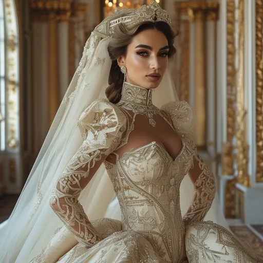 Prompt: Design a modern glamorous wedding dress worn by a real life gorgeous muscular 35-year-old Turkish drag queen ((strong masculine jawline and brow features)) model dress to be daring and glamorous and elegant, dark eye makeup, dark lipstick.  Posing in the Palace of Versailles.