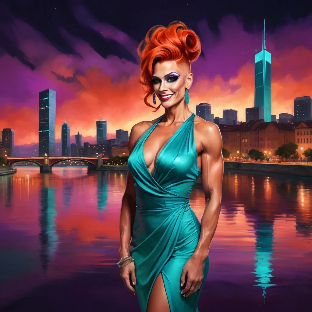 Prompt: digital painting of a city skyline with a gorgeous muscular 35-year-old Swiss drag queen (masculine jawline and brow features) with long burnt orange updo hair wearing a wrap around teal dress, smiling  and a river in the background at night time with a bright red and purple sky reflecting on the water , art photography, at night, high resolution , realism , beautiful sunset , low angle shot of the woman