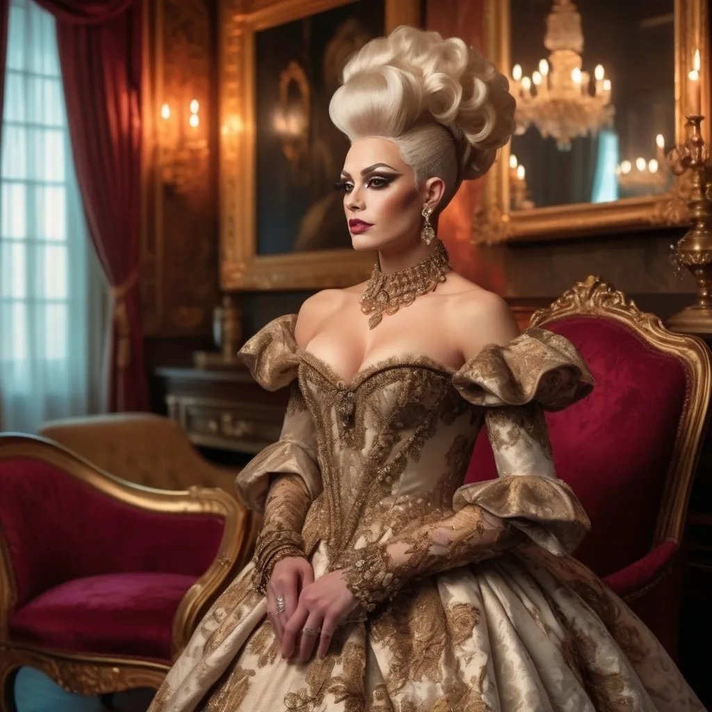 Prompt: (elegant 1600s gorgeous muscular British drag queen (masculine jawline and brow features)), historically accurate gown, adorned with intricate lace, lavish sparkling jewelry, (soft warm lighting), standing in a beautifully designed parlor, rich color tones, opulent decor, (highly detailed textures), saturated hues, atmospheric elegance, inviting ambiance, (4K ultra-detailed), artistry that captures the essence of wealth and sophistication.