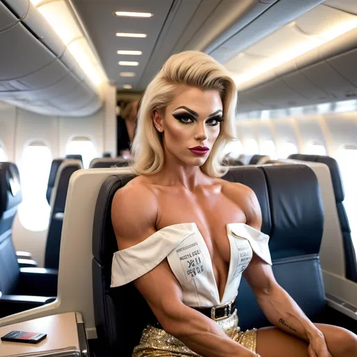 Prompt: a first class seat on a plane - gorgeous muscular 25-year-old Czechian drag queen bodybuilder (strong masculine jawline and brow facial features) wearing shorts, off-the-shoulder blouse, and 8 inch stiletto high heel shoes sitting with boarding pass and champagne. boarding pass says 'paid for by payroll' Luxary seat in first class

