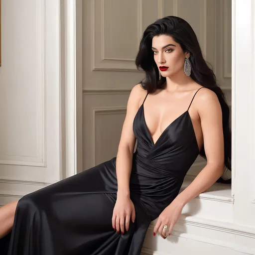 Prompt: Seated gracefully on a clean, light-colored floor, a Gorgeous, very muscular 21-year-old olive-skinned French drag queen (with strong masculine facial features, dark lipstick, large busom, long, straight, shiny black hair) in a striking red dress leans against a minimalist white door, exuding a blend of elegance and contemplation. Her long black hair cascades softly over her shoulders, framing a profile that suggests a moment of introspection as she rests a finger on her lips, conveying a sense of thoughtfulness. The simplicity of the environment, accentuated by the neutral tones of the walls and floor, amplifies the vibrancy of her attire. The lighting is soft and even, creating a serene ambiance that complements her calm demeanor, inviting the viewer into a moment of peaceful reflection. Overall, the composition balances poise and beauty, encapsulating a story of quiet elegance and inner contemplation.