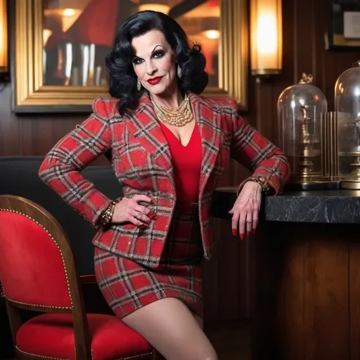 Prompt: Sophisticated art deco lounge, elegant gorgeous muscular 45-year-old French drag queen bodybuilder with large busom, muscular figure,  long curly black hair,  red plaid tweed jacket, red blouse, red pencil skirt, black 6 inch stiletto high heel boots, crowded scene, subtle smile, high-res photo, plump buxom physique, art deco, elegant, detailed facial features, realistic, sophisticated, busy setting, vibrant colors, professional photography