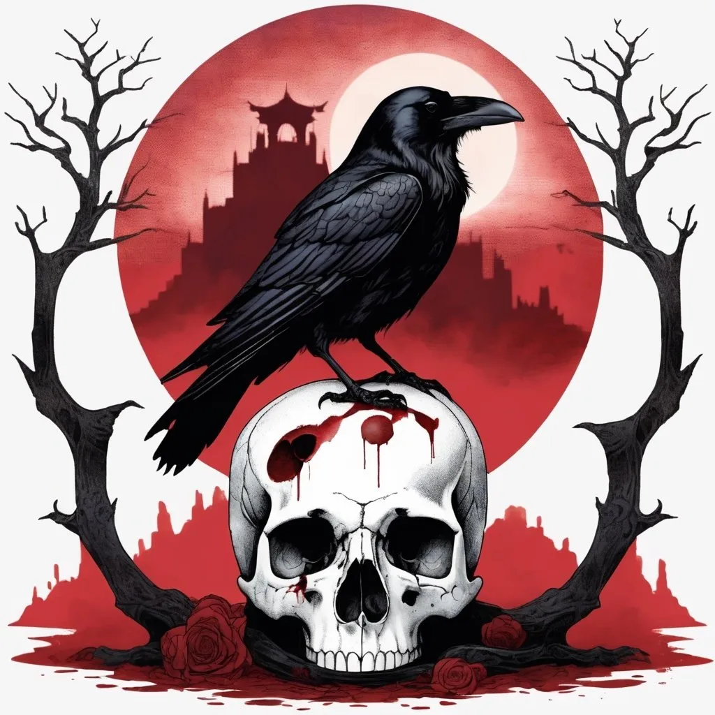 Prompt: A raven sitting atop a human skull lit by a blood moon