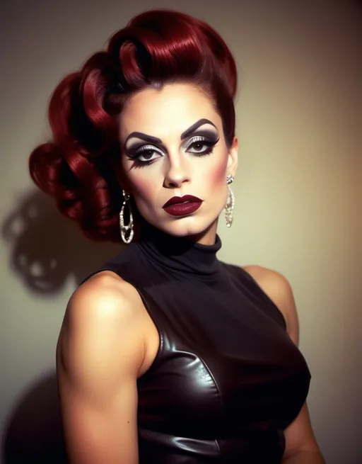 Prompt: photorealistic, (Holga photography), gorgeous ultra-muscular 25-year-old Italian drag queen businesswoman with long dark red updo hair, drak eyeshadow and dark red lipstick,  (haughty expression), (confident pose), full body, low-fidelity dreamy aesthetic, soft light flare, analog photography style, vintage charm, grainy texture, warm tones, stylish attire, evoking authority and elegance, reminiscent of classic business imagery, capturing a moment of confidence, (low quality), ideal for a striking portfolio or profile shot, perfect blend of retro and modern vibes.