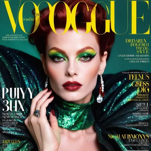 Prompt: (90s Vogue Magazine Cover), ethereal and whimsical, (vibrant color scheme), high-fashion editorial style, gorgeous muscular 35-year-old French drag queen model (masculine facial features) with sassy dark red hair, striking green eyes, dark smoky eyeshadow, enchanting expression, pretty lips, dark lipstick, luxurious glittery details, magical aesthetic, ultra-detailed, sparkly, glossy finish, captivating photography with dramatic lighting, alluring atmosphere, cosmopolitan elegance, celebrity fashion icon, stylish and trendy presentation.