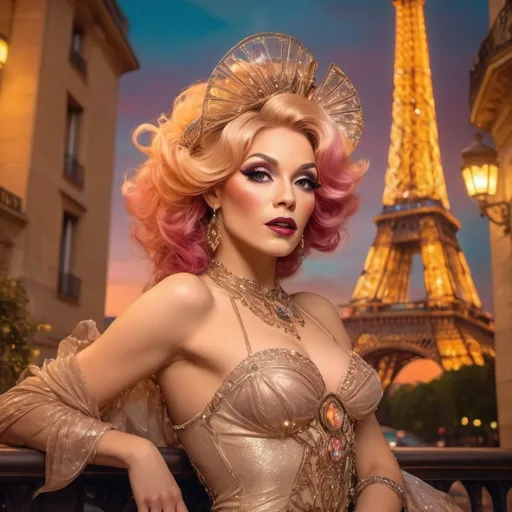 Prompt: Glamour photography of gorgeous drag queen model in paris in the style of Guy Aroch