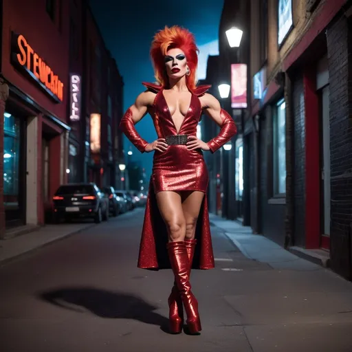 Prompt: High-resolution, cinematic-style photograph featuring a gorgeous ultra-muscular 30-year-old Czechian drag queen bodybuilder dressed as a female Ziggy Stardust. 8 inch stiletto platform high heel boots. Dark eyeshadow and dark red lipstick. Posing in the street at night.