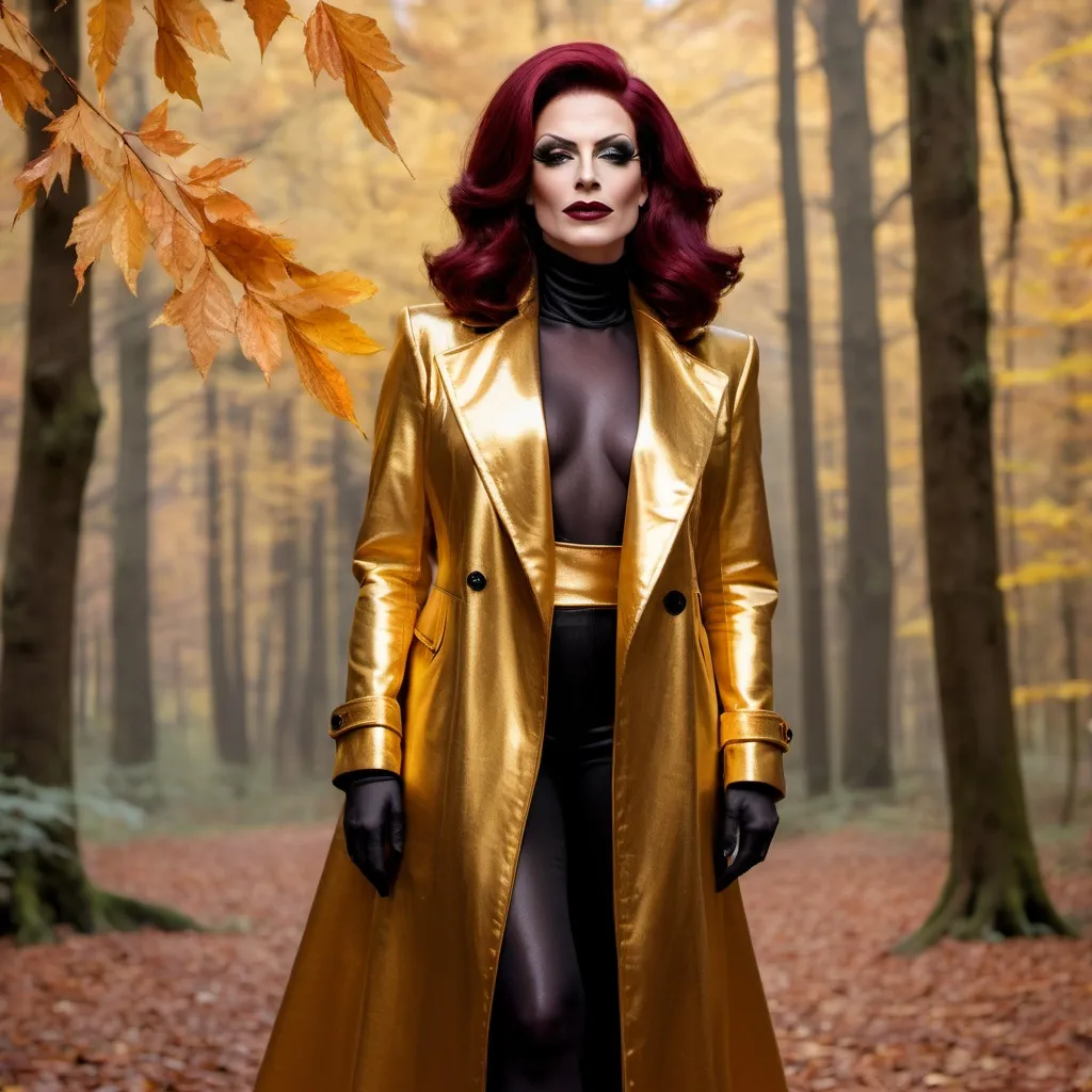 Prompt: Beautiful French drag queen, 35-year-old, dark red hair, in autumn forest in gold long fashion coat, dark eyeshadow and dark lipstick,  very strong masculine jawline and brow,.