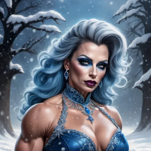 Prompt:  a beautiful muscular 35-year-old Slovenian drag queen bodybuilder with large busom (dark eyeshadow, heavy mascara, dark lipstick) in a blue dress standing in the snow,   fantasy art, very beautiful fantasy art, beautiful fantasy art portrait, beautiful fantasy painting