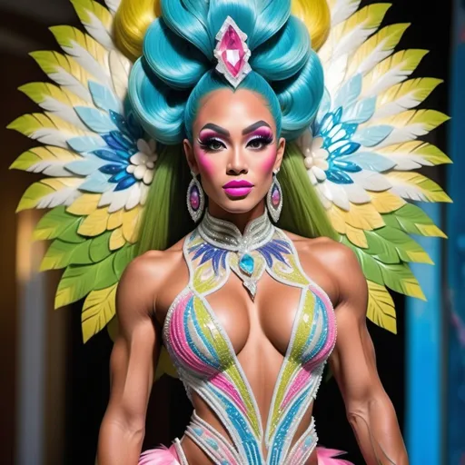 Prompt: Divine Angelic gorgeous muscular 25-year-old Polynesian Hawaiian Balinese Thai drag queen bodybuilder wearing an extravagant costume with vibrant pink styled hair and green eyes in zuhair Murad beaded fitted embellished pearly white blue gold chartreuse pink pastel blue luminous blue topaz platinum silver chrome white pearl opal diamond Swarovski crystal costume gown as a Sandro Botticelli full body painting with large Cartier royal floral jewels and mother of pearl and white abalone aquamarine headdress with pearls blue lotus