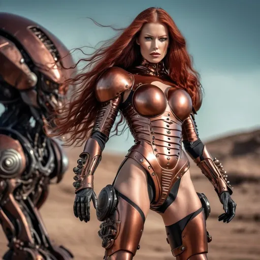 Prompt: Gorgeous ultra-muscular 25-year-old Norwegian goddess cyborg with huge busom and ridiculously long wavy dark red hair, in battle against aliens. Bronze armor and cybernetics. 8 inch stiletto high heel boots. Science fiction futuristic background. 