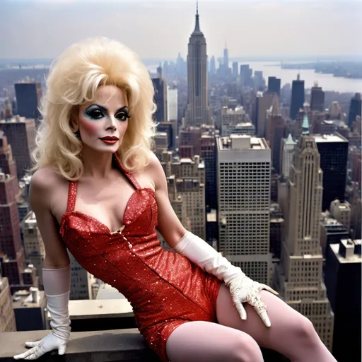 Prompt: Michael Jackson  dressed as a 25-year-old gorgeous drag queen Dolly Parton posing on the ledge of a building, high above NYC.