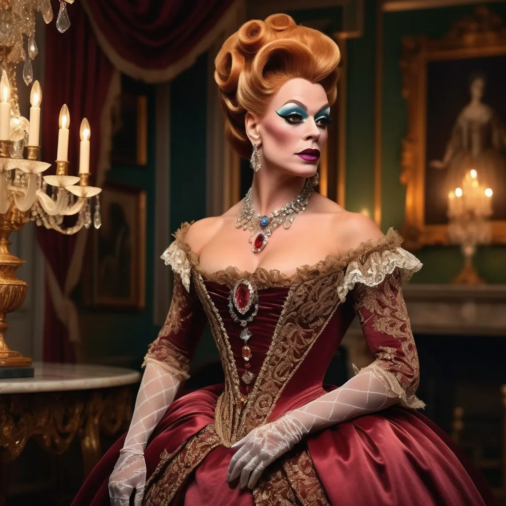 Prompt: (elegant 1600s gorgeous muscular British drag queen (masculine jawline and brow features)), historically accurate gown, adorned with intricate lace, lavish sparkling jewelry, (soft warm lighting), standing in a beautifully designed parlor, rich color tones, opulent decor, (highly detailed textures), saturated hues, atmospheric elegance, inviting ambiance, (4K ultra-detailed), artistry that captures the essence of wealth and sophistication.