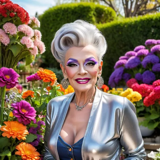 Prompt: Gorgeous elderly drag queen with a silver updo hairstyle, gardening in a backyard while wearing tight jeans, cardigan sweater, abd 8 inch stiletto high heel shoes.