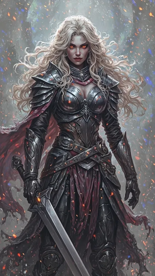 Prompt: "Epic fantasy beautiful drag queen warrior with a giant sword, glowing eyes, long windblown hair, wearing detailed metal armor and tattered cloth. Cinematic fantasy background with splashes of glowing paint and magic energy. Highly detailed digital art, vivid colors, dramatic lighting, fantasy concept art style, ultra realistic textures, 4K resolution.