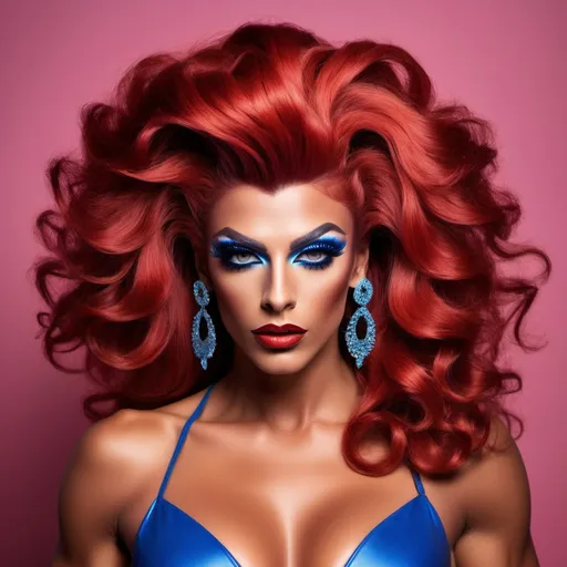 Prompt: Radiating confidence and flamboyance, a striking Gorgeous, very muscular, suntanned, 25-year-old, suntanned, Greek drag queen (with strong masculine facial features, dark lipstick, huge busom,) showcases an extravagant, vibrant red hairstyle, full of curly volume that frames the face. Her makeup is dramatic, featuring bold blue eyeshadow and glossy red lips, creating a stunning contrast against her fair complexion. Adorned in a dazzling red sequined outfit with thin straps, she poses with one arm raised, accentuated by shiny red gloves that amplify the flamboyant aesthetic. The background remains muted, enhancing her vibrant look, while the overall lighting focuses on her, adding a glamorous flair to the scene that evokes a sense of theatrical elegance and celebration.