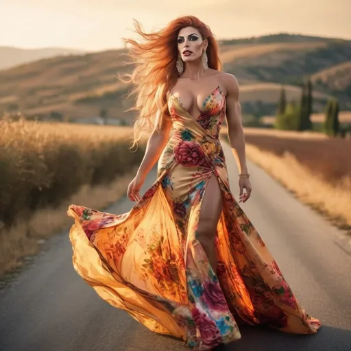 Prompt: Fashionable ultra-muscular 25-year-old 
Greek drag queen (with sharp masculine jawline and brow features) bodybuilder with big busom walking happily on a country road at sunset, warm sunlight accentuating her radiant beauty, ultra-realistic, detailed floral dress with vibrant colors, ridiculously long flowing golden hair (((blowing in the wind))) catching the golden glow, picturesque rural setting, high quality, 8k hi-res hd detailed digital photograph, warm tones, detailed floral dress, radiant beauty, picturesque, sunset lighting, professional