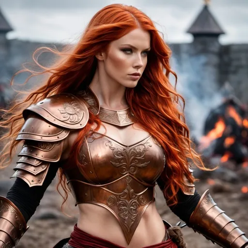 Prompt: Gorgeous ultra-muscular 25-year-old Finnish goddess with huge busom and ridiculously long wavy fiery red hair, dressed as a warrior princess in complete bronze armor and a gleeming steel longsword in the midst of a bloody and fiery battle.