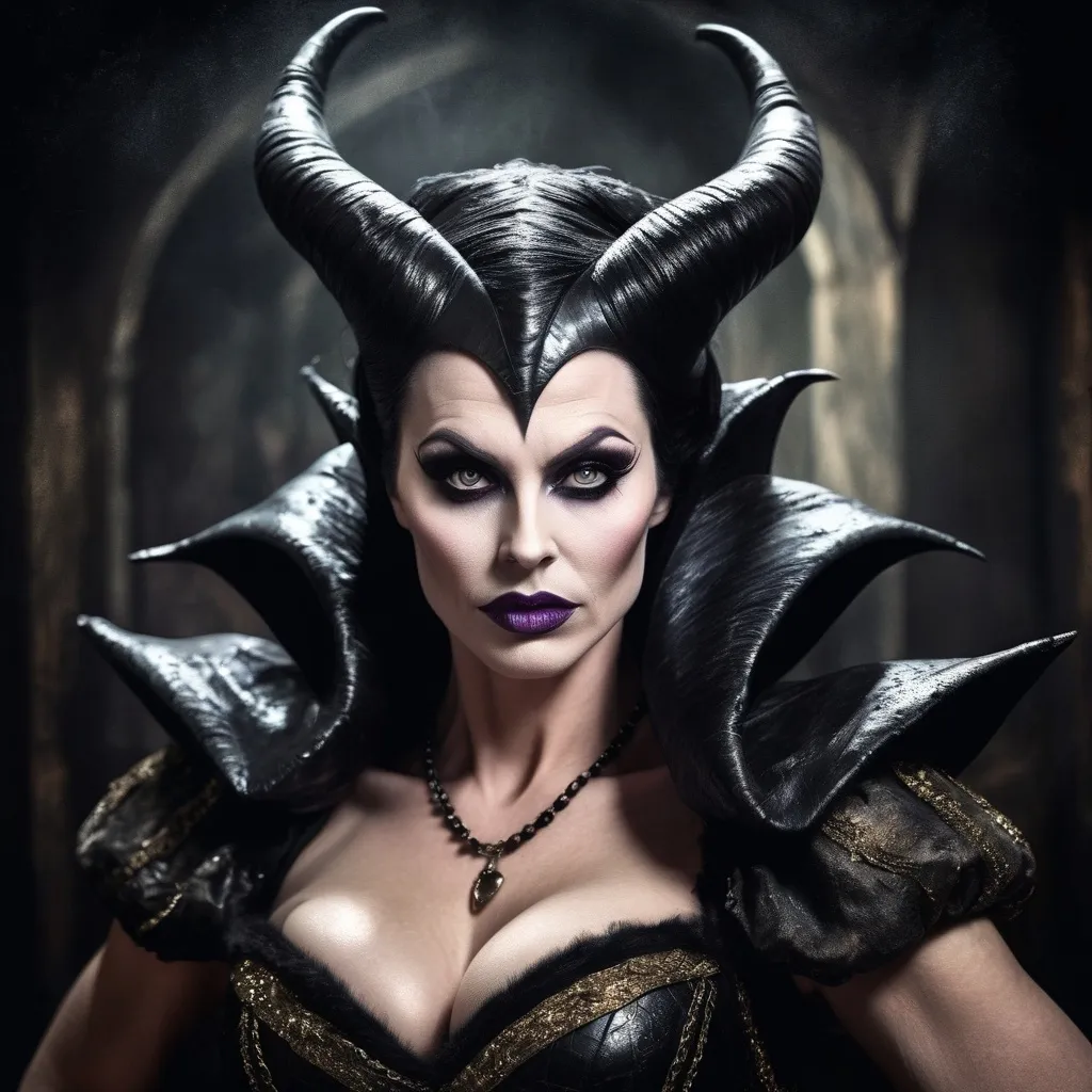 Prompt: Grunge medieval Maleficent drag queen bodybuilder (strong drag queen facial features), impasto, old picture effect, whimsical, highres, detailed, medieval, impasto, old picture effect, grunge, Snow White, fairy tale, dark tones, atmospheric lighting