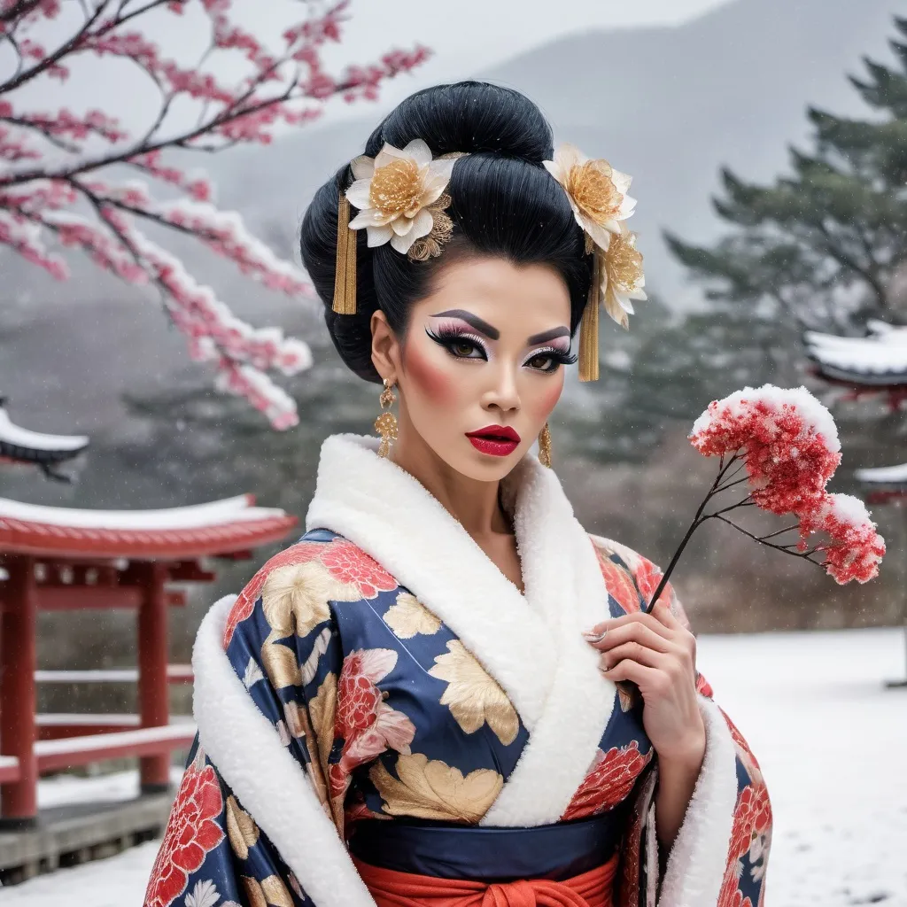Prompt: fashion photoshoot of 2 gorgeous 25-year-old Eurasian drag queen bodybuilders, wearing a haute couture kimono dresses, on a snowy day in japanese countryside --ar 2:3