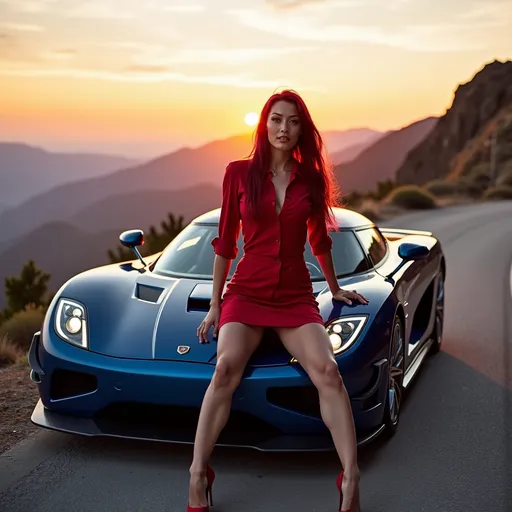 Prompt: A Indigo Koenigsegg CCXR Trevita Parked along a mountain road at the summit With a gorgeous muscular 25-year-old French drag queen with long luscious dark red hair (with a playful smile, wearing  fitted ruby red button-down shirt with deep V-neck to waist paired with  fitted ruby red A-line miniskirt and ruby red stiletto high heel shoes) Lean on the car body casually while the sun rises 
Cinematic lighting with a soft, golden glow, evoking a Hollywood-style atmosphere
