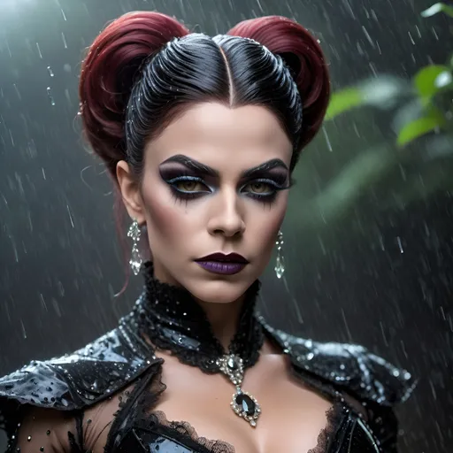 Prompt: Gorgeous muscular 25-year-old Victorian gothic drag queen (strong masculine jawline and brow) standing in the rain, full body, detailed lace gown, intricate jewelry, hauntingly beautiful, high quality, gothic, vintage, dramatic lighting, vibrant color tones