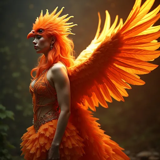 Prompt:  a flaming phoenix is perched on a 35-year-old drag queen goddess' shoulder. She has clothes made of feathers and looks like a phoenix as a 25-year-old drag queen goddess. Full length. Muscular.
