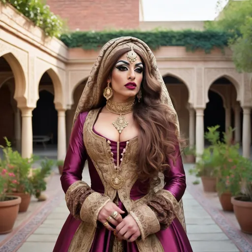 Prompt: A realistic photograph of A gorgeous  muscular  25-year-old  Arabic drag queen  dressed up as a 17 century Islamic Mughal court dancer Laila with long curly brown hair wearing dupatta in the courtyard garden  