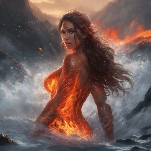 Prompt: Gorgeous ultra-muscular 25-year-old goddess made of fires swimming in a lake of lava. 