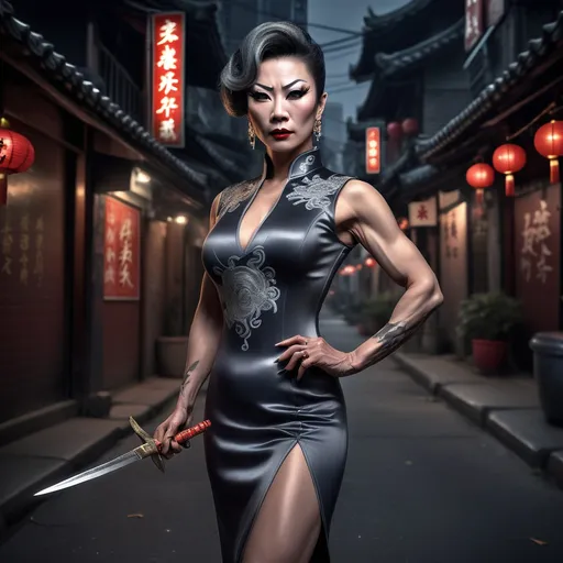 Prompt: A senior-aged, gorgeous muscular Chinese drag queen assassin wearing a dark gray, form-fitting, low-cut qipao holds a mini dagger in her hand. On a dimly lit street late at night, her piercing eyes shine brightly as if searching for her prey. She put on a martial arts pose(ultra detailed). fine detailed drawing, professional photo, HDR, UltraHD, a lot of details, pixel study, 3D, detail, photorealism, majestic, stunning, elegant, brillant, sumptuous, magnificent, effulgent, refulgent, fantasy, epic, long hair, mystic, full body view, classical and warm lighting style and cinematic art 
