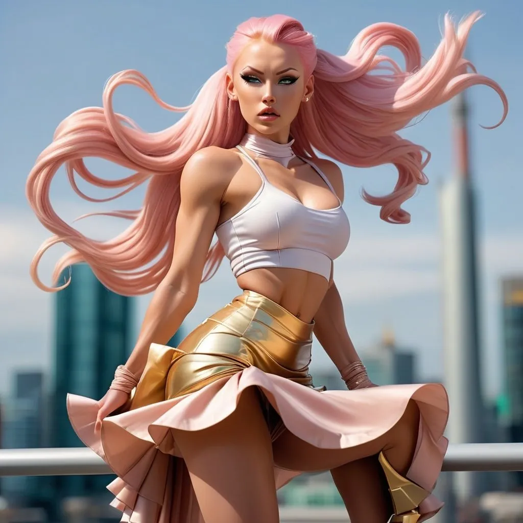 Prompt: Gorgeous ultra-muscular Finnish 25 year old goddess with huge busom and has ridiculously long platinum pink hair tied up in a pretty ponytail held upward above her head (((blowing in the wind))). She wears a mid-length gold skirt with ruffles and 8 inch stiletto high heel shoes.  Futuristic city background. 