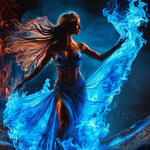 Prompt: Gorgeous ultra-muscular 25-year-old Swedish bodybuilder dancing on blue flame, silhouette, lava, long flowing blue flame gown, huge busom, long wavy fiery hair, long muscular legs, very muscular dancing female, mystical background, 